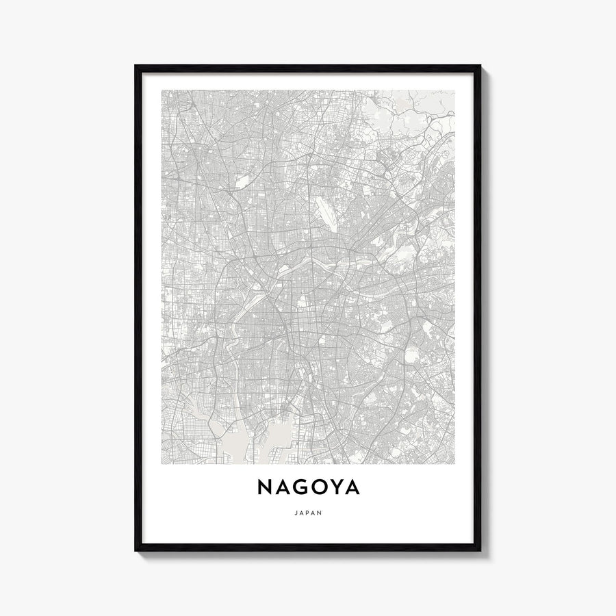 Nagoya black & white map poster of Japan – vertical wall art, unframed print shown in interior mockup
