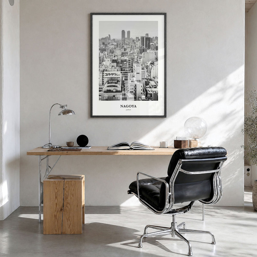 Nagoya Classic Poster in a black wood frame, hanging in a bright home office