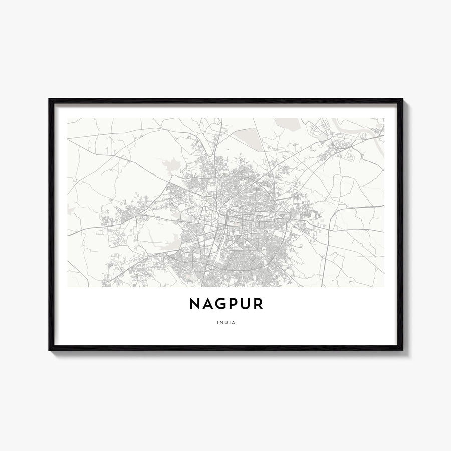 Nagpur black & white map poster of India – horizontal wall art, unframed print shown in interior mockup