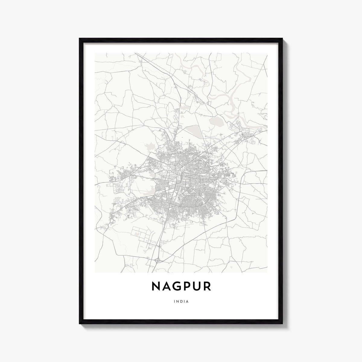 Nagpur black & white map poster of India – vertical wall art, unframed print shown in interior mockup