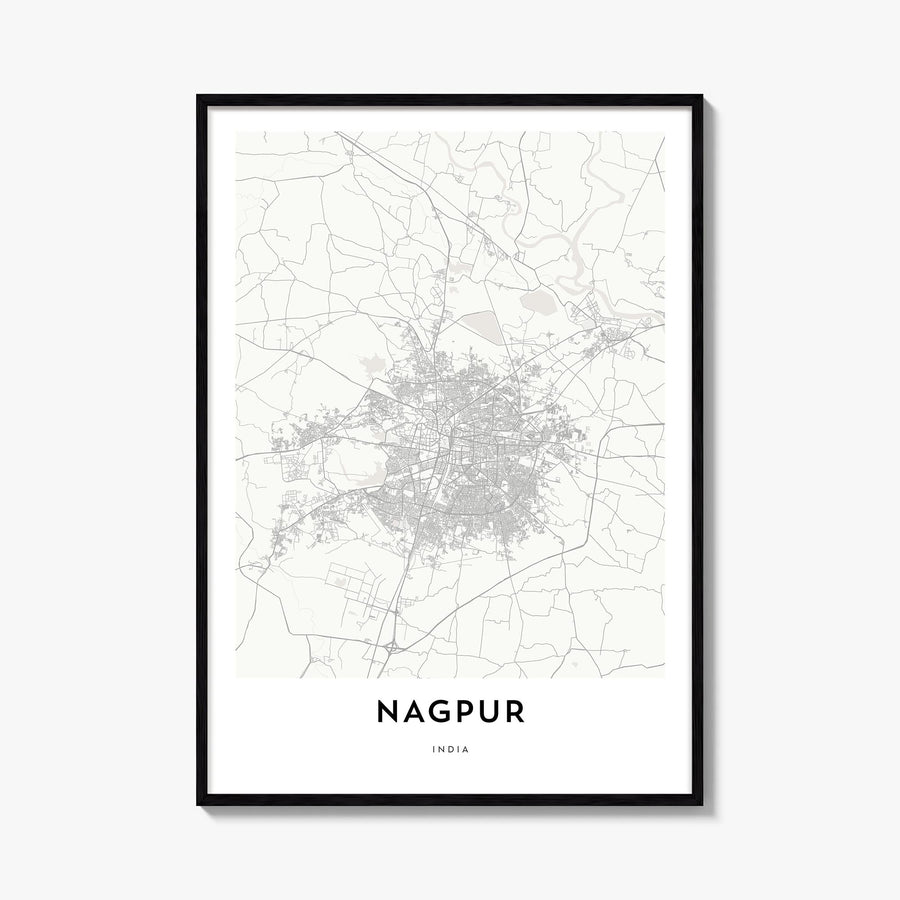 Nagpur black & white map poster of India – vertical wall art, unframed print shown in interior mockup