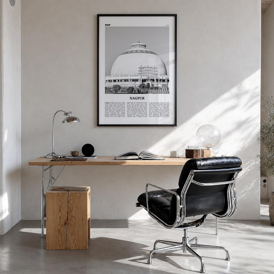 Nagpur black & white newspaper poster of India – vertical wall art in black wood frame, hanging on wall