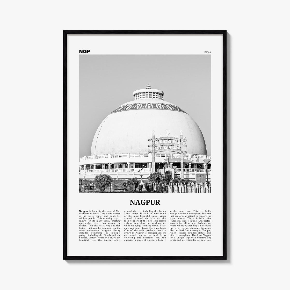 Nagpur black & white newspaper poster of India – vertical wall art, unframed print shown in interior mockup
