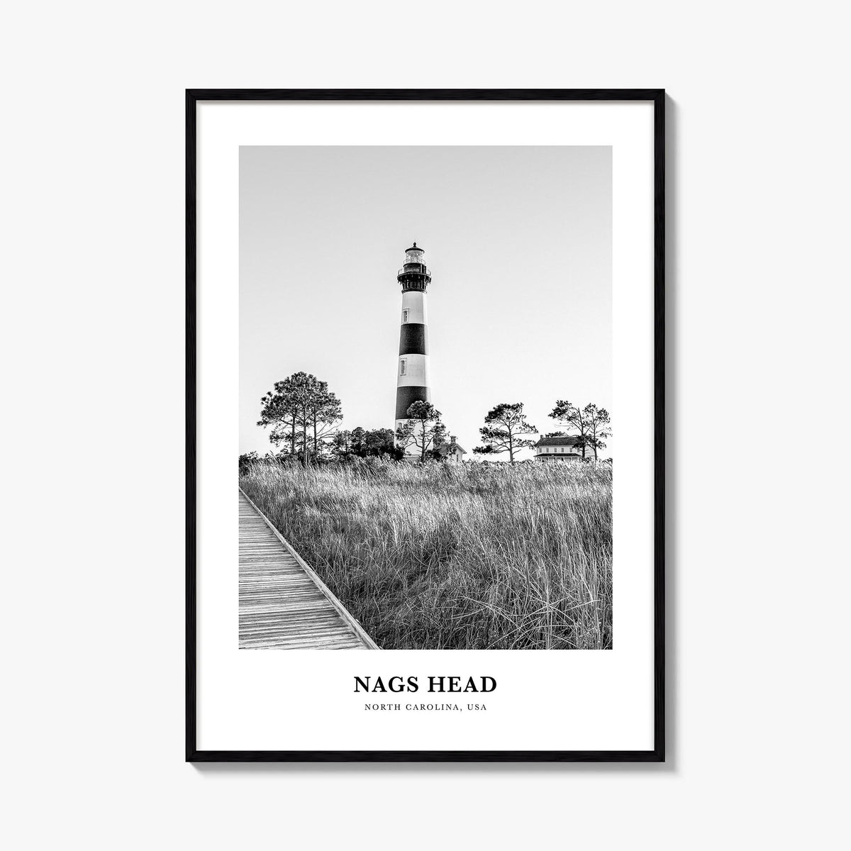 Nags Head black & white classic poster of North Carolina, USA – vertical wall art, unframed print shown in interior mockup
