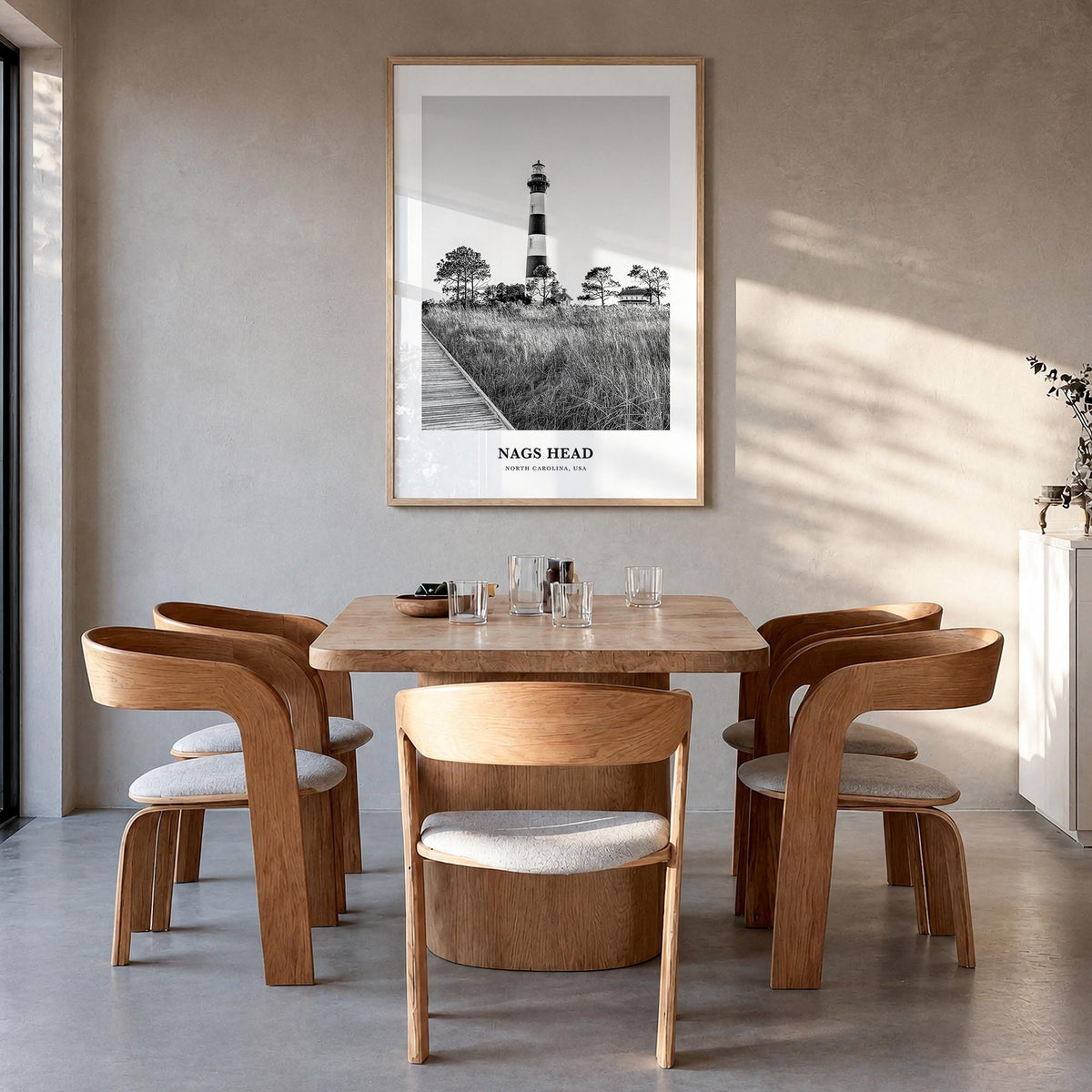 Nags Head black & white classic poster of North Carolina, USA – vertical wall art in natural wood frame, hanging on wall