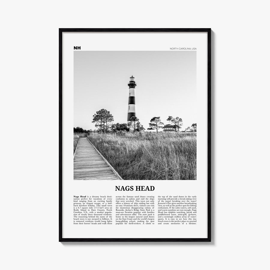 Nags Head black & white newspaper poster of North Carolina, USA – vertical wall art, unframed print shown in interior mockup