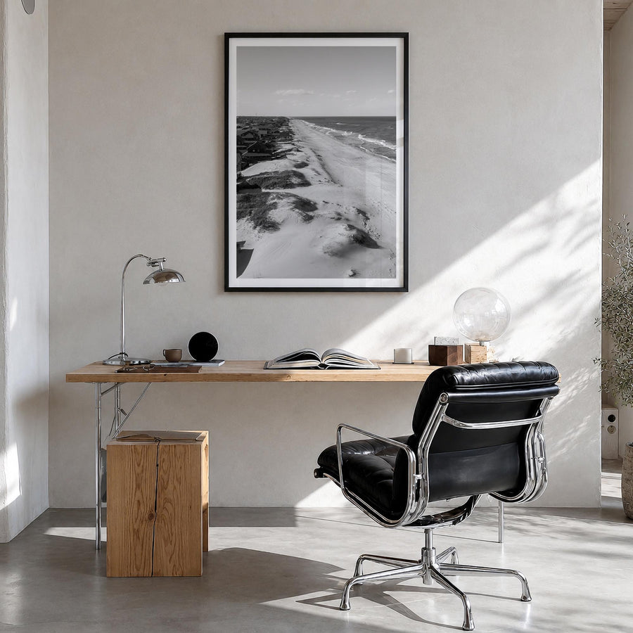 Nags Head black & white photo poster of North Carolina, USA – vertical wall art in black wood frame with white border, hangin