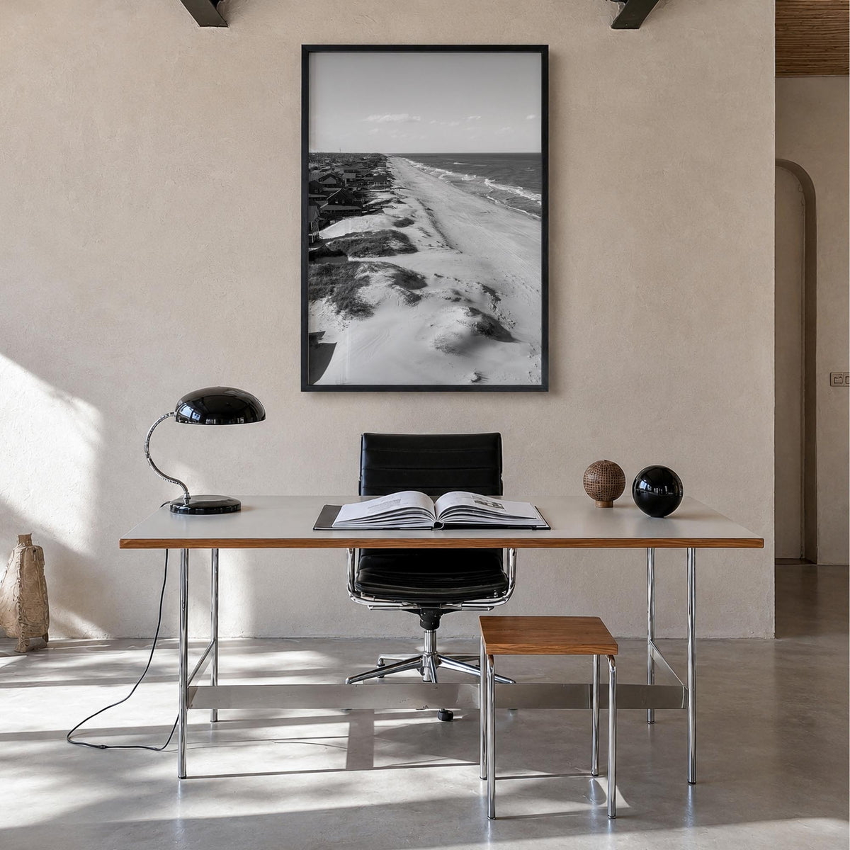 Nags Head black & white photo poster of North Carolina, USA – vertical wall art in black wood frame, hanging on wall
