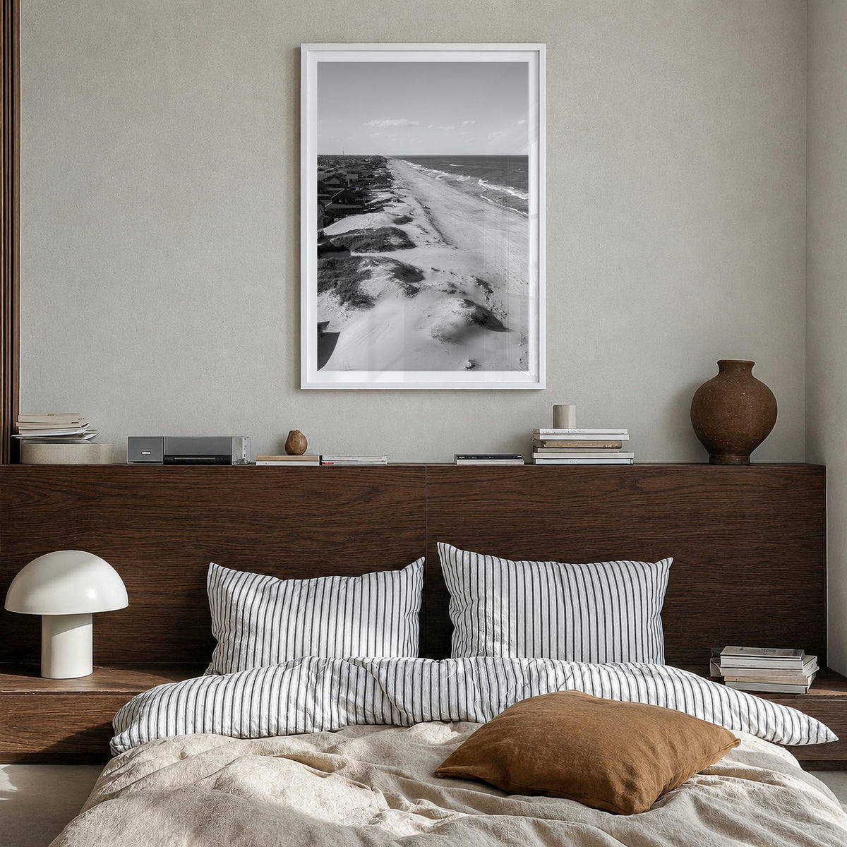 Nags Head black & white photo poster of North Carolina, USA – vertical wall art in white wood frame with white border, hangin