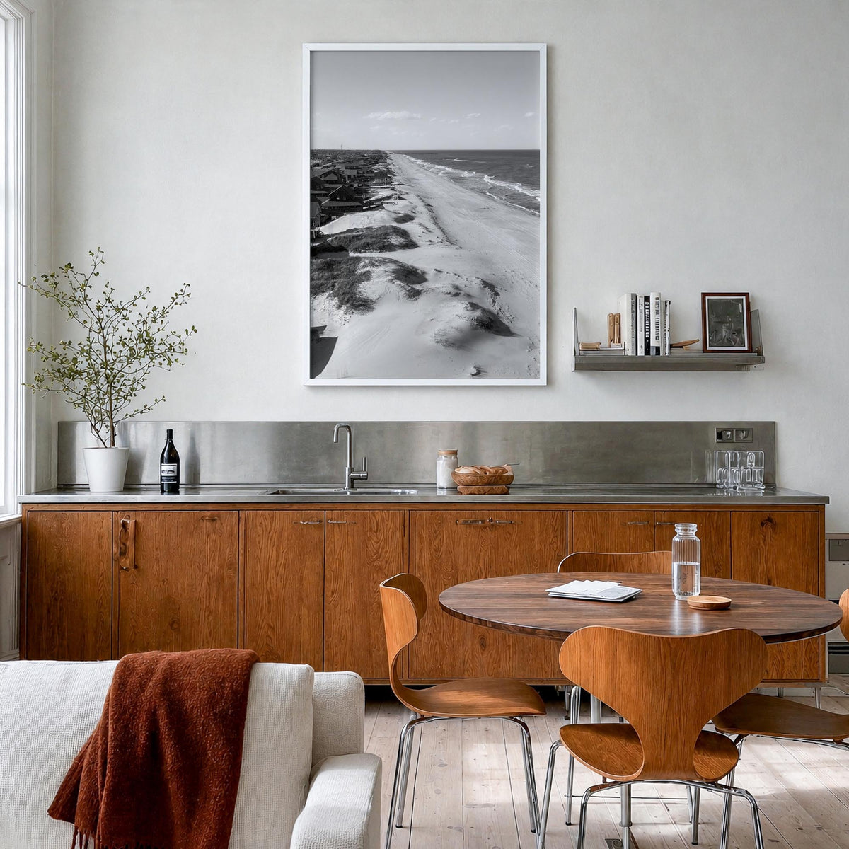 Nags Head black & white photo poster of North Carolina, USA – vertical wall art in white wood frame, hanging on wall