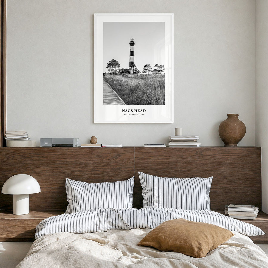 Nags Head Classic Poster in a white wood frame, hanging in a bedroom