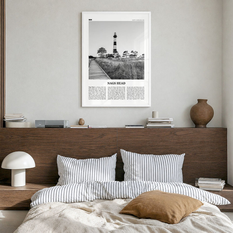 Nags Head Newspaper Poster in a white wood frame, hanging in a bedroom