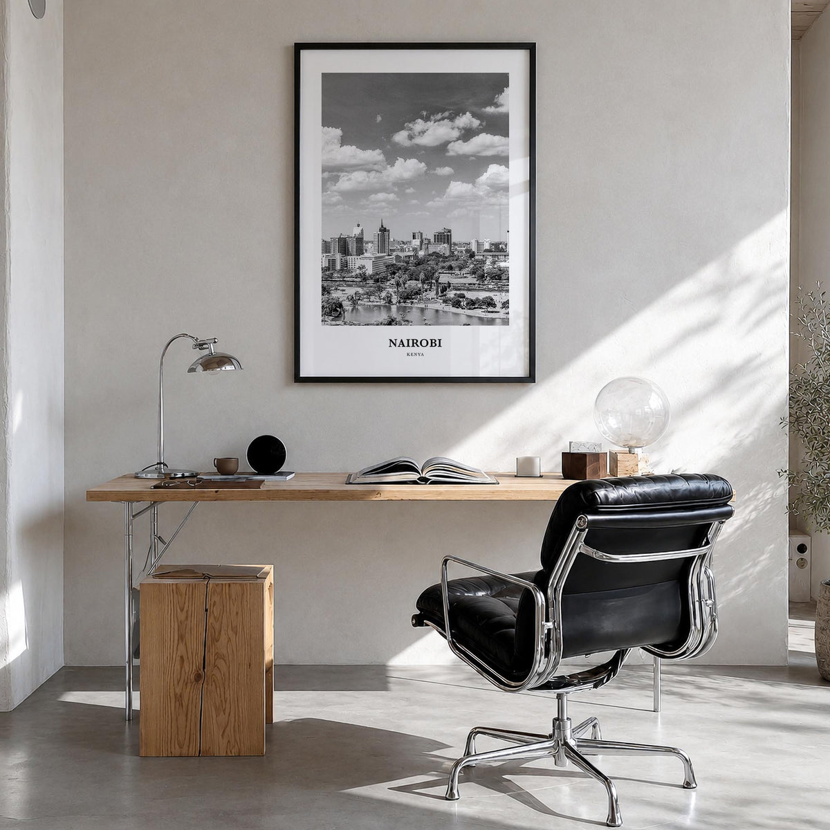 Nairobi black & white classic poster of Kenya – vertical wall art in black wood frame, hanging on wall