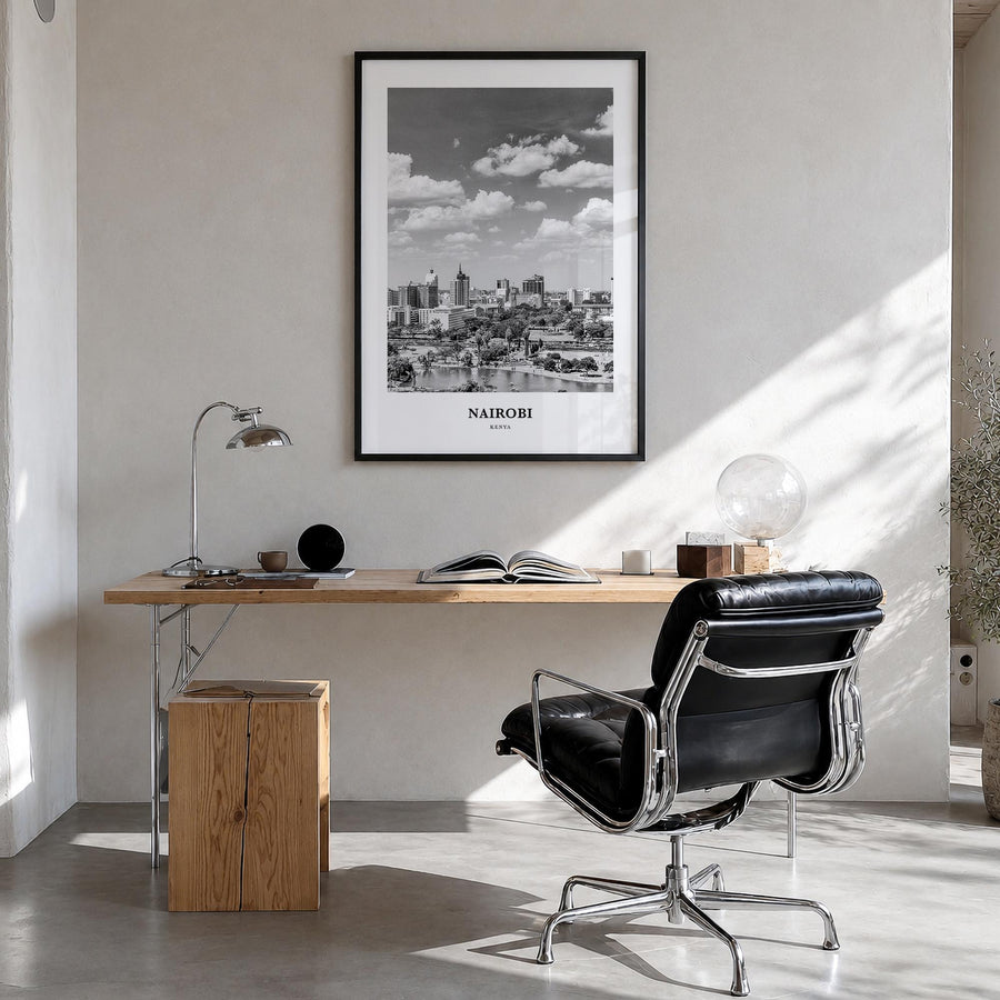 Nairobi black & white classic poster of Kenya – vertical wall art in black wood frame, hanging on wall