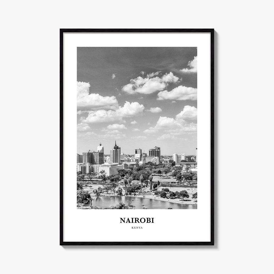 Nairobi black & white classic poster of Kenya – vertical wall art, unframed print shown in interior mockup