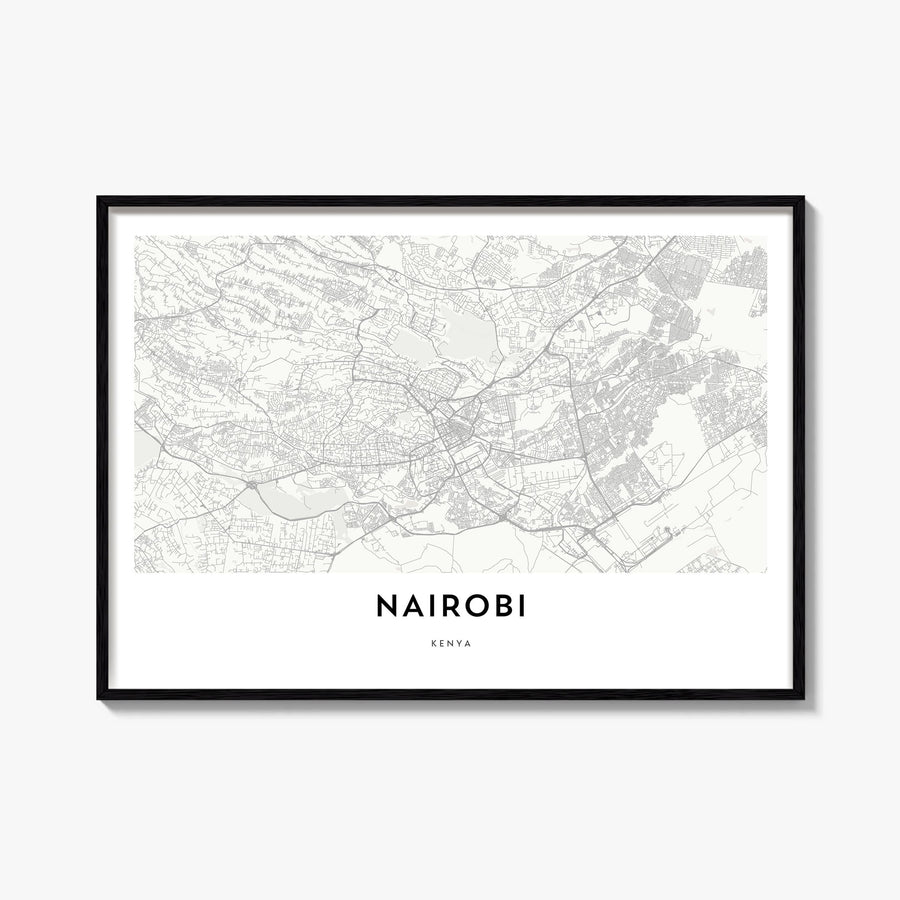 Nairobi black & white map poster of Kenya – horizontal wall art, unframed print shown in interior mockup