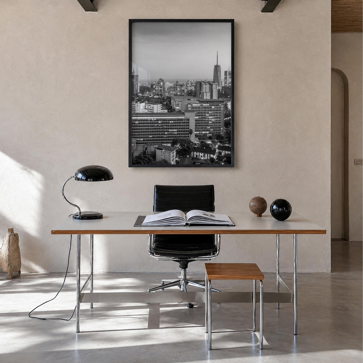 Nairobi black & white photo poster of Kenya – vertical wall art in black wood frame, hanging on wall