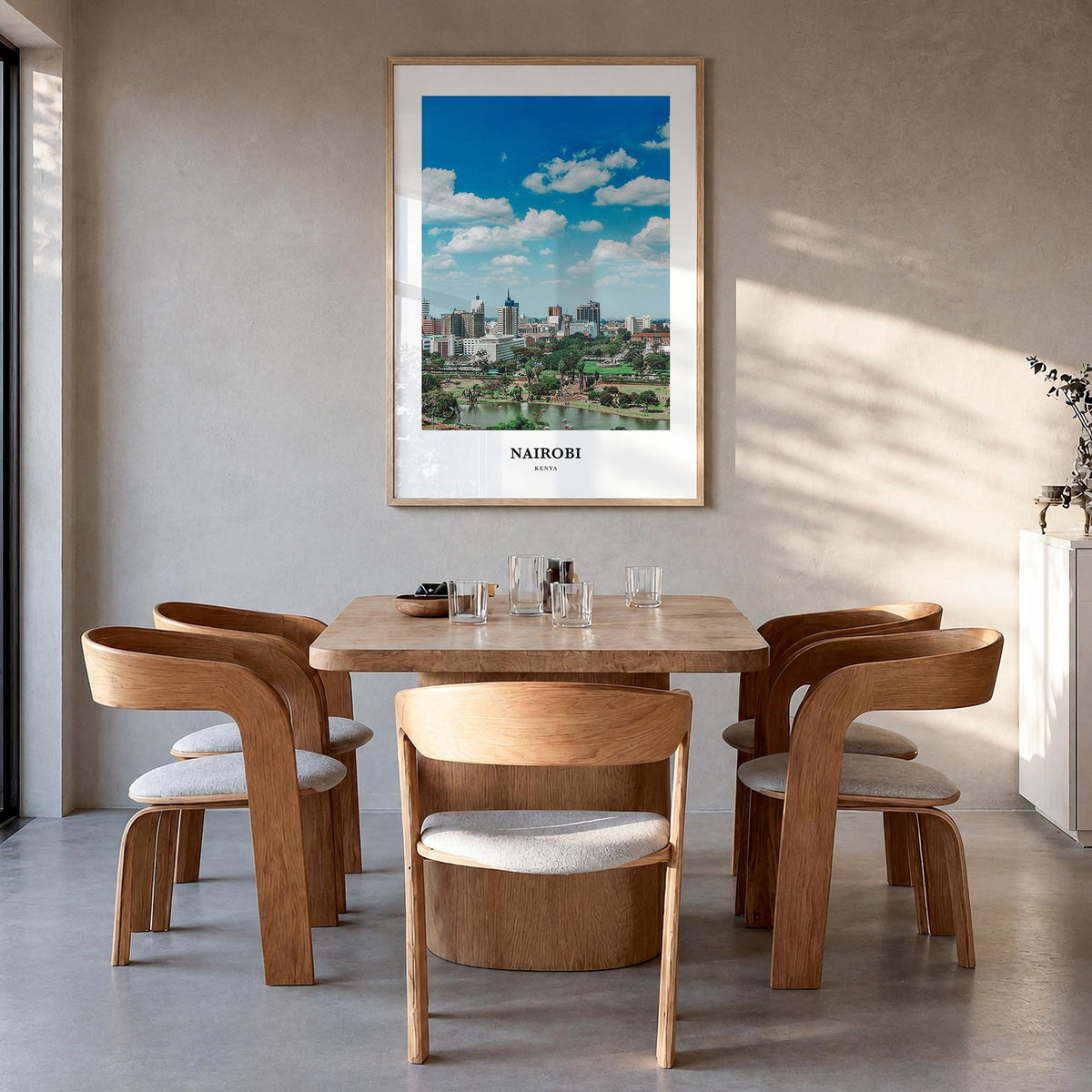 Nairobi colorful classic poster of Kenya – vertical wall art in natural wood frame, hanging on wall