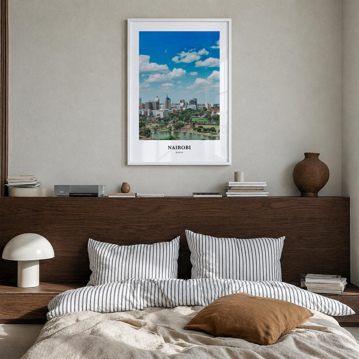Nairobi colorful classic poster of Kenya – vertical wall art in white wood frame, hanging on wall