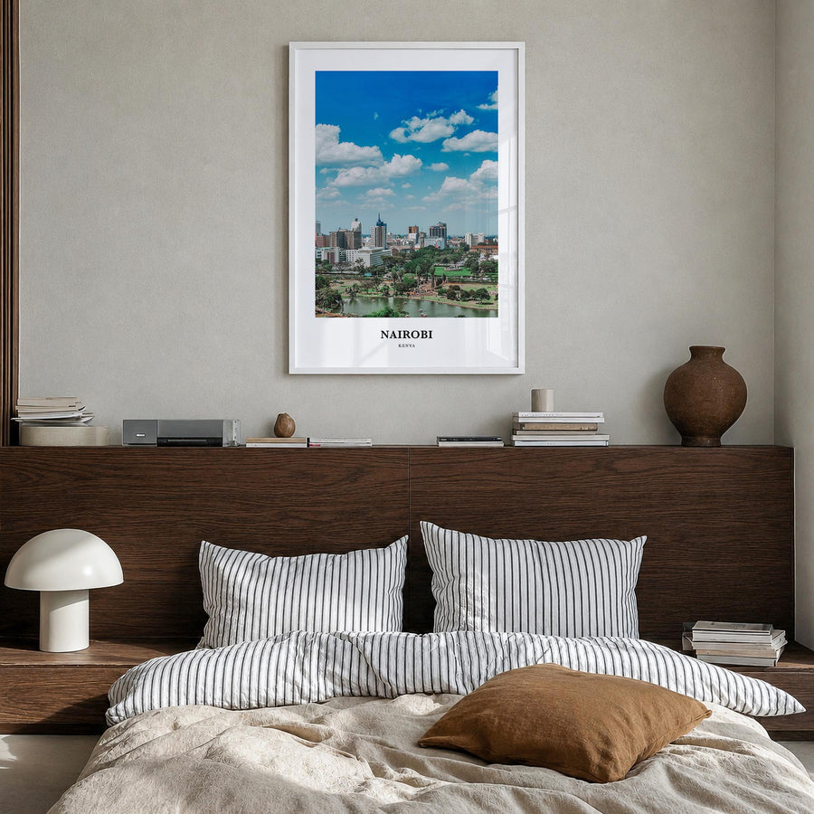 Nairobi colorful classic poster of Kenya – vertical wall art in white wood frame, hanging on wall