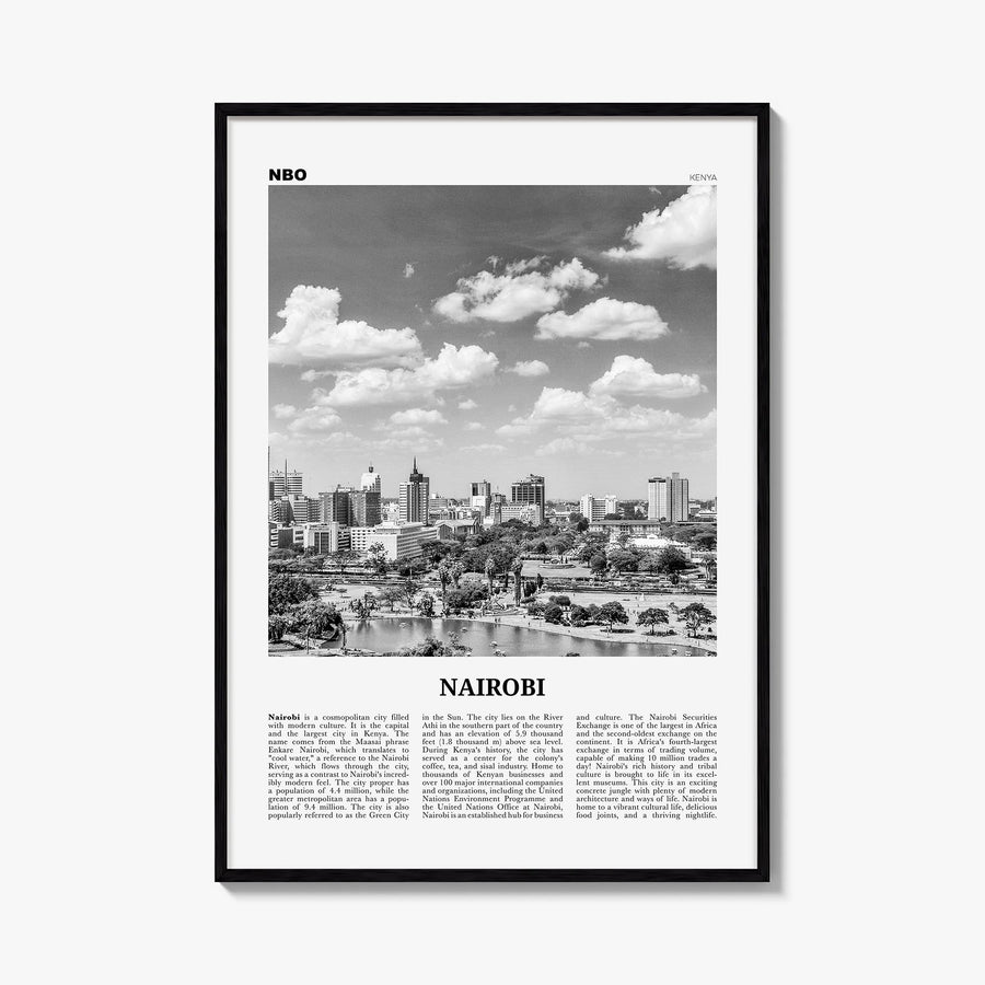 Nairobi no. 1 black & white newspaper poster of Kenya – vertical wall art, unframed print shown in interior mockup