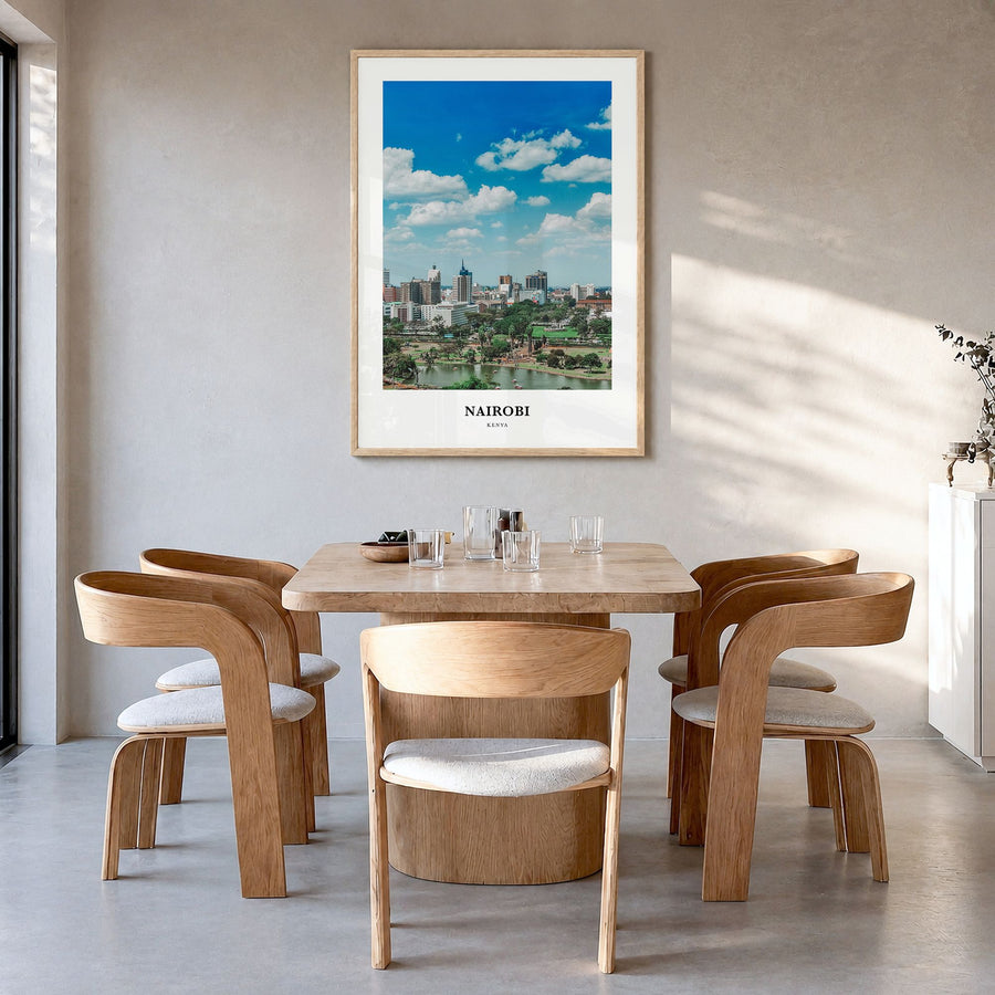 Nairobi Classic Poster in a natural wood frame, hanging in a dining room