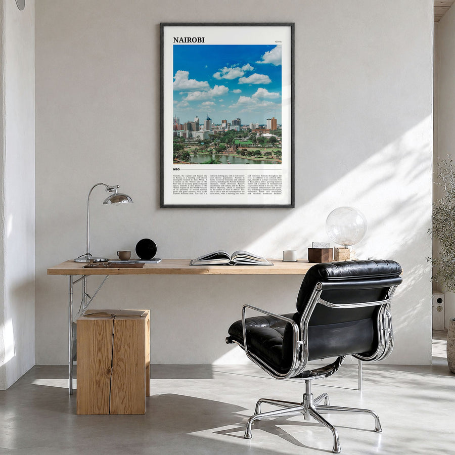 Nairobi Travel Poster in a black wood frame, hanging in a bright home office