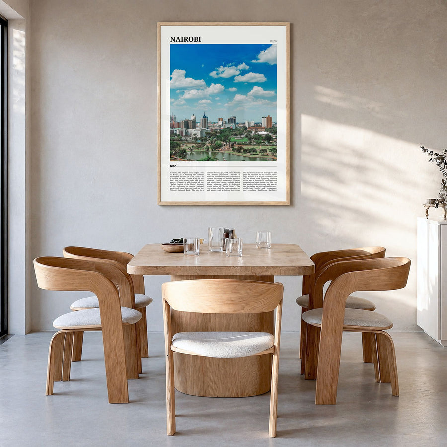 Nairobi Travel Poster in a natural wood frame, hanging in a dining room