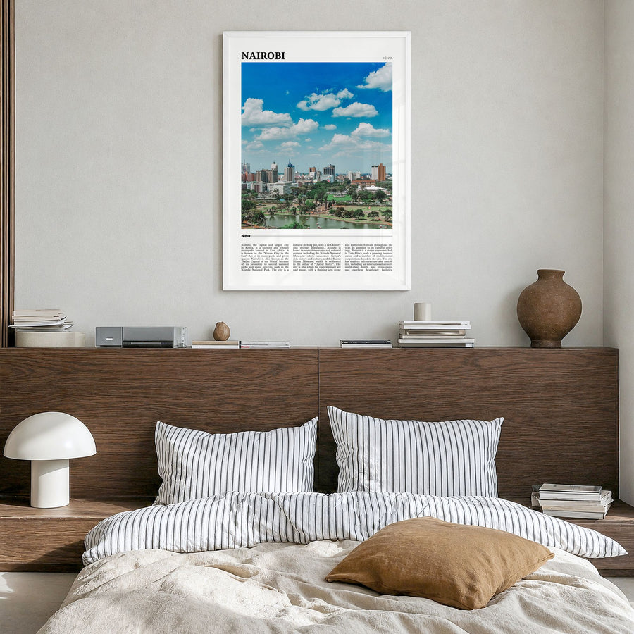 Nairobi Travel Poster in a white wood frame, hanging in a bedroom