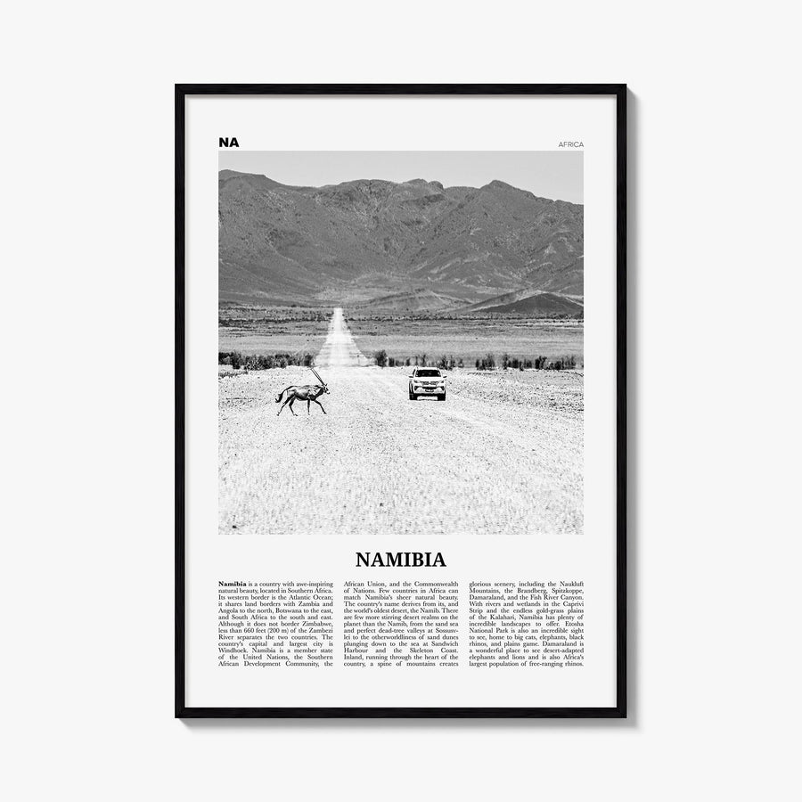 Namibia black & white newspaper poster of Africa – vertical wall art, unframed print shown in interior mockup