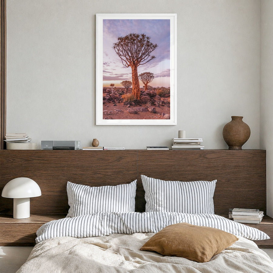 Namibia Photo Poster in a white wood frame, hanging in a bedroom, white border