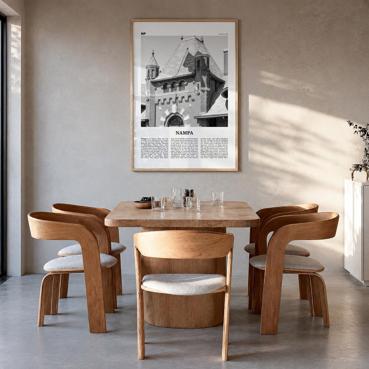 Nampa black & white newspaper poster of Idaho, USA – vertical wall art in natural wood frame, hanging on wall