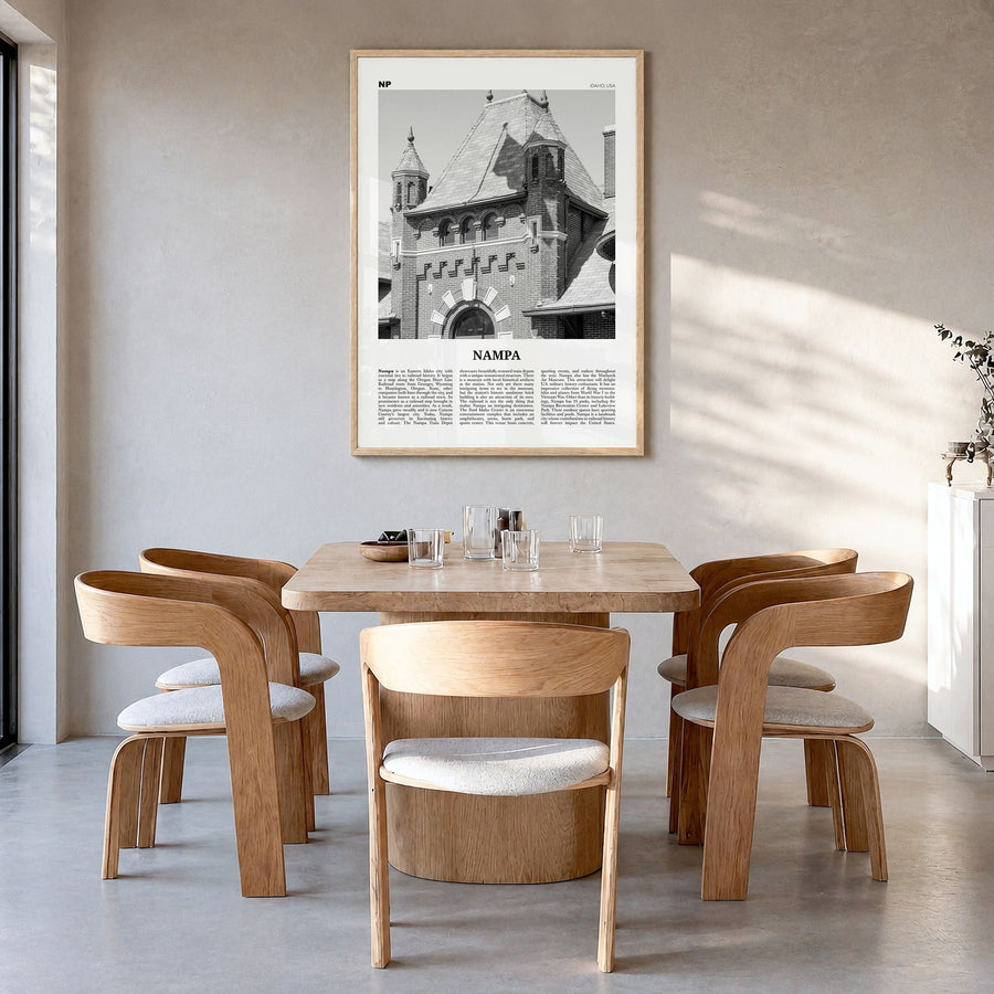 Nampa Newspaper Poster in a natural wood frame, hanging in a dining room