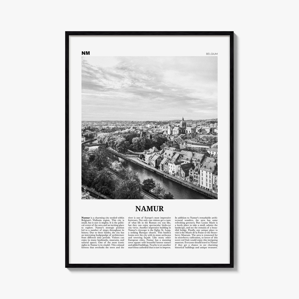 Namur black & white newspaper poster of Belgium – vertical wall art, unframed print shown in interior mockup