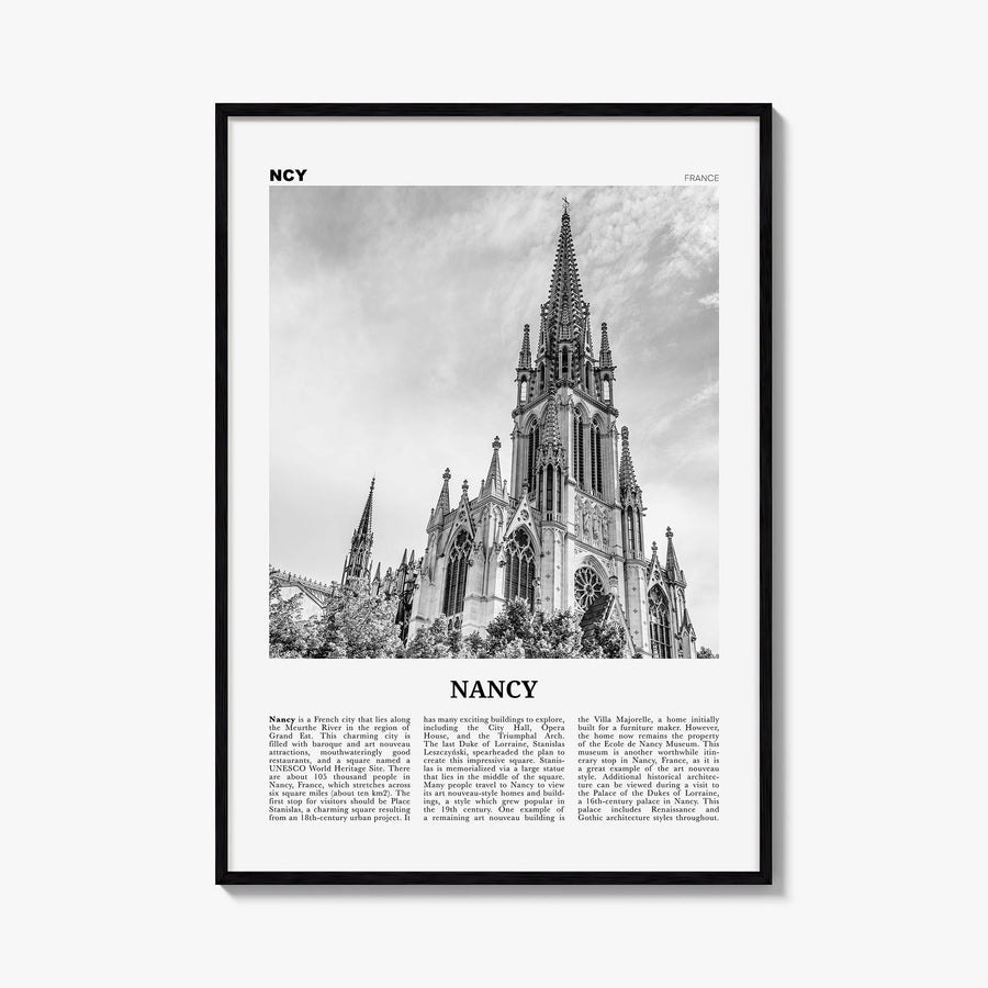 Nancy black & white newspaper poster of France – vertical wall art, unframed print shown in interior mockup