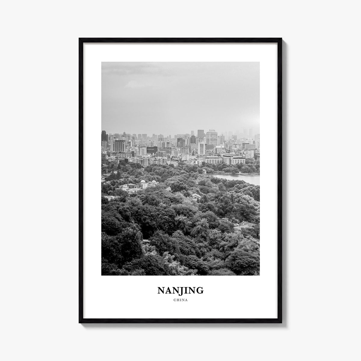 Nanjing black & white classic poster of China – vertical wall art, unframed print shown in interior mockup