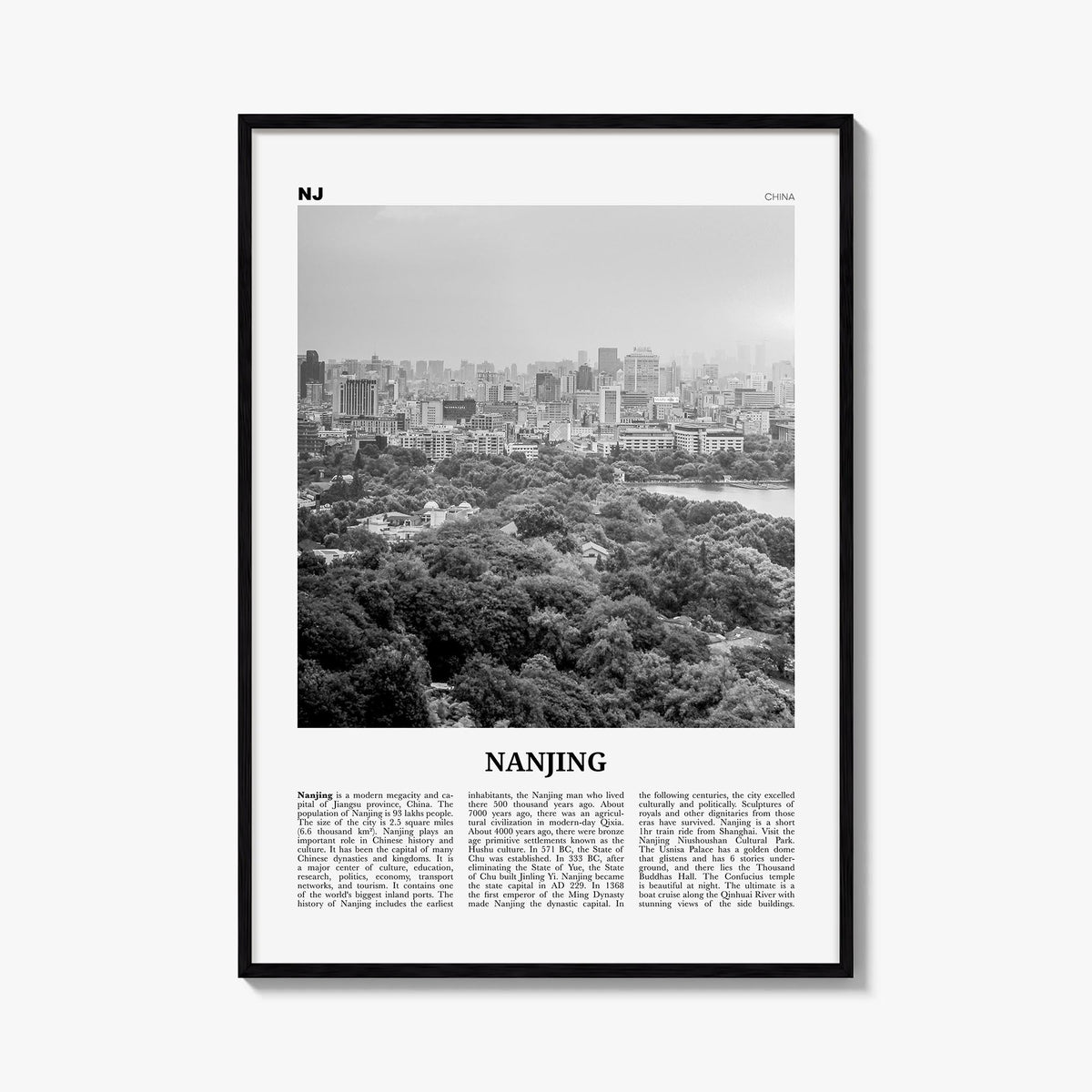 Nanjing black & white newspaper poster of China – vertical wall art, unframed print shown in interior mockup