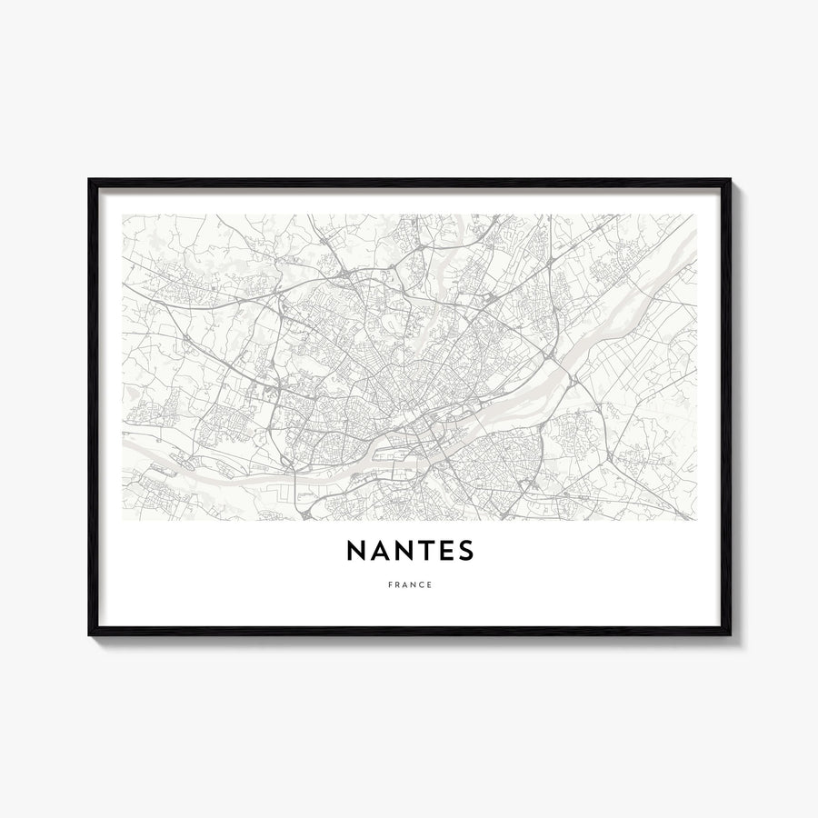 Nantes black & white map poster of France – horizontal wall art, unframed print shown in interior mockup