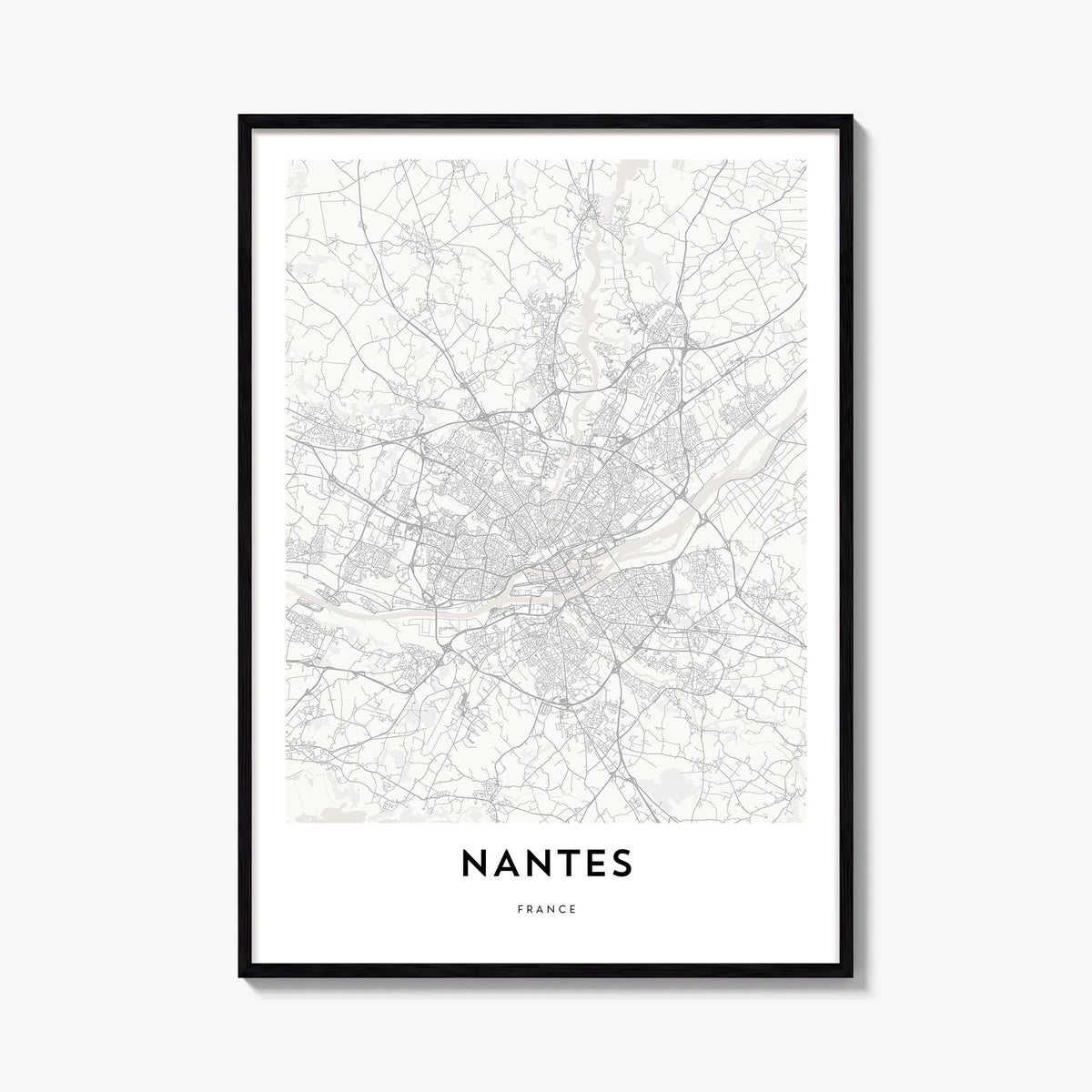 Nantes black & white map poster of France – vertical wall art, unframed print shown in interior mockup