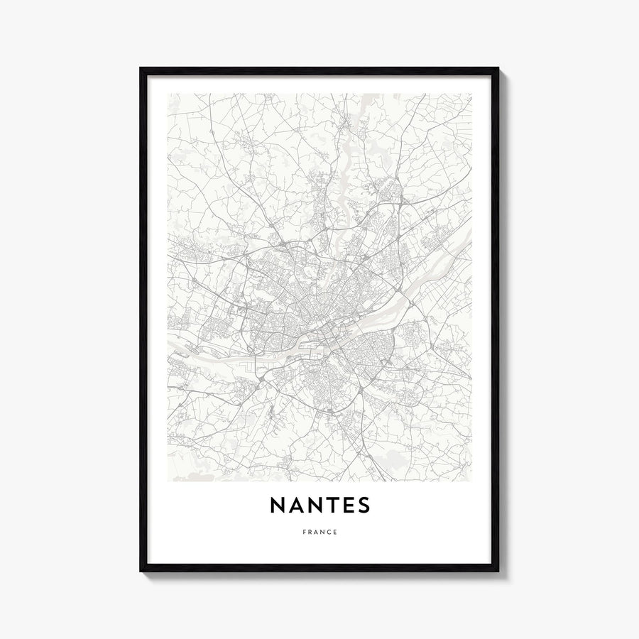 Nantes black & white map poster of France – vertical wall art, unframed print shown in interior mockup