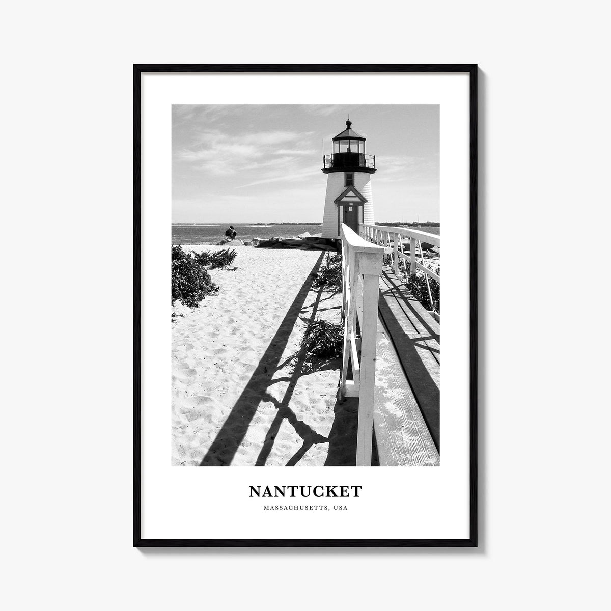 Nantucket black & white classic poster of Massachusetts, USA – vertical wall art, unframed print shown in interior mockup