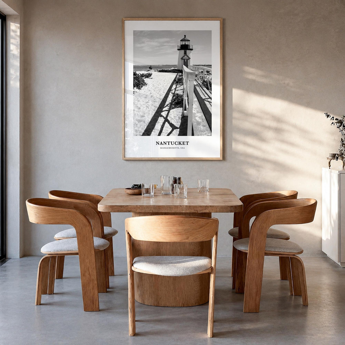 Nantucket black & white classic poster of Massachusetts, USA – vertical wall art in natural wood frame, hanging on wall