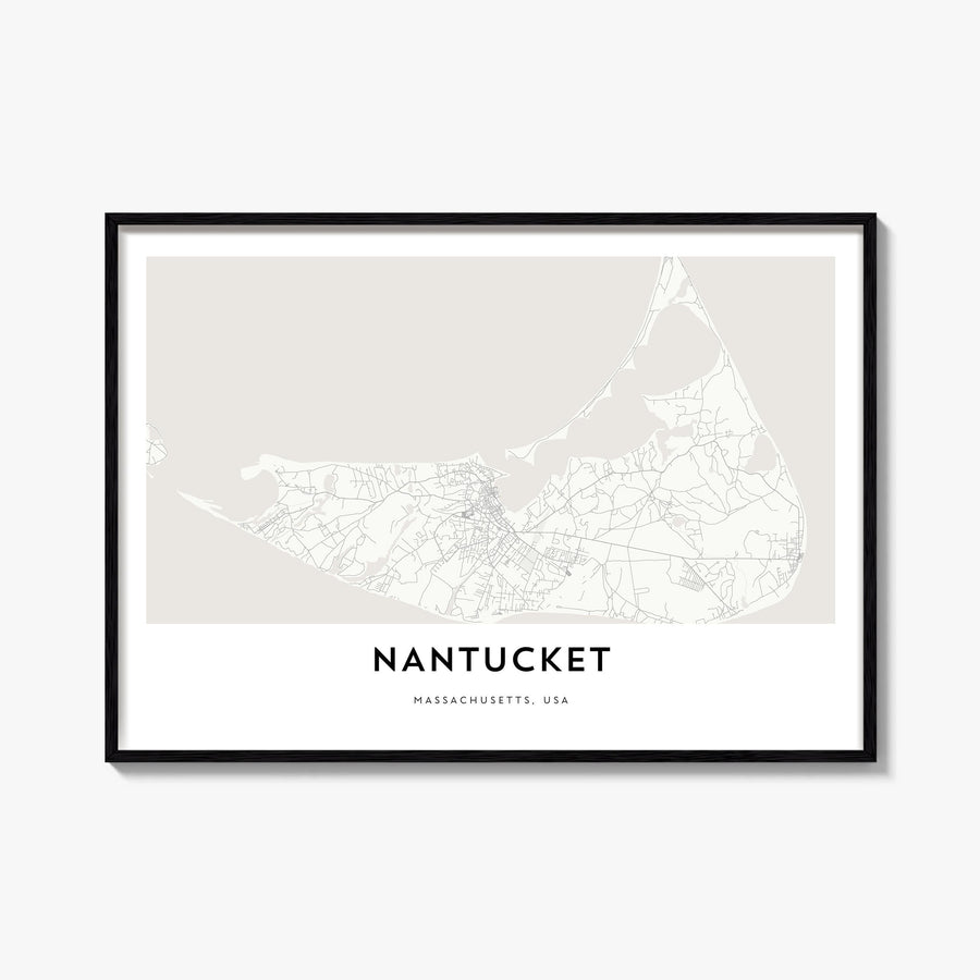 Nantucket black & white map poster of Massachusetts, USA – horizontal wall art, unframed print shown in interior mockup