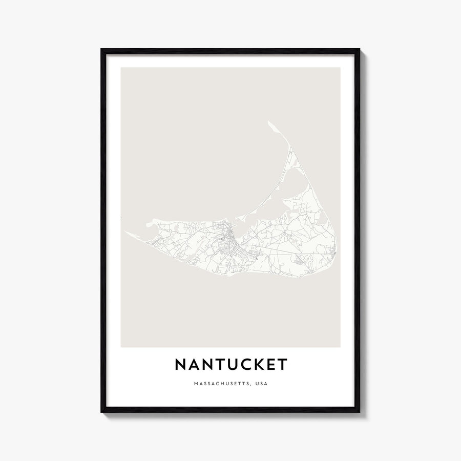 Nantucket black & white map poster of Massachusetts, USA – vertical wall art, unframed print shown in interior mockup