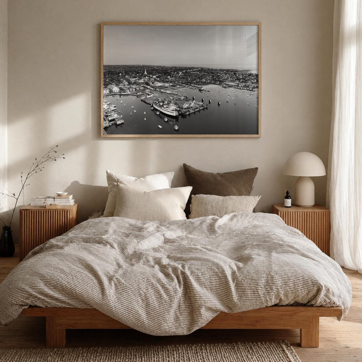 Nantucket black & white photo poster of Massachusetts, USA – horizontal wall art in natural wood frame, hanging on wall