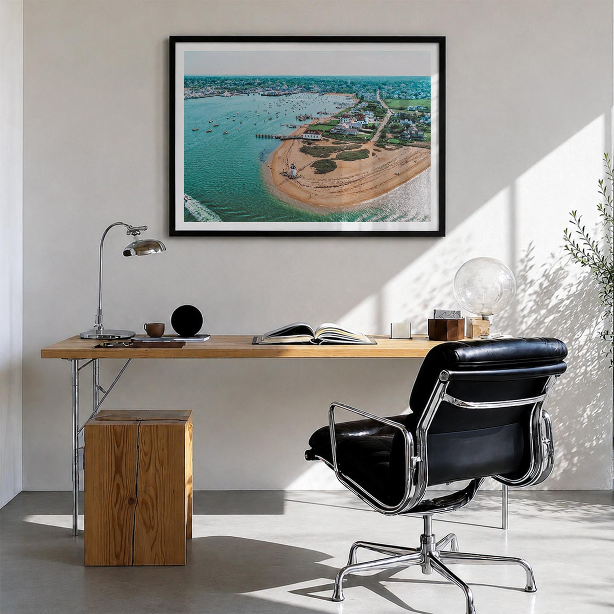 Nantucket colorful photo poster of Massachusetts, USA – horizontal wall art in black wood frame with white border, hanging on