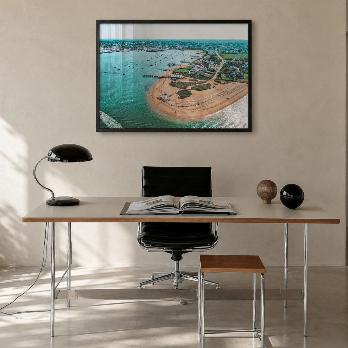 Nantucket colorful photo poster of Massachusetts, USA – horizontal wall art in black wood frame, hanging on wall