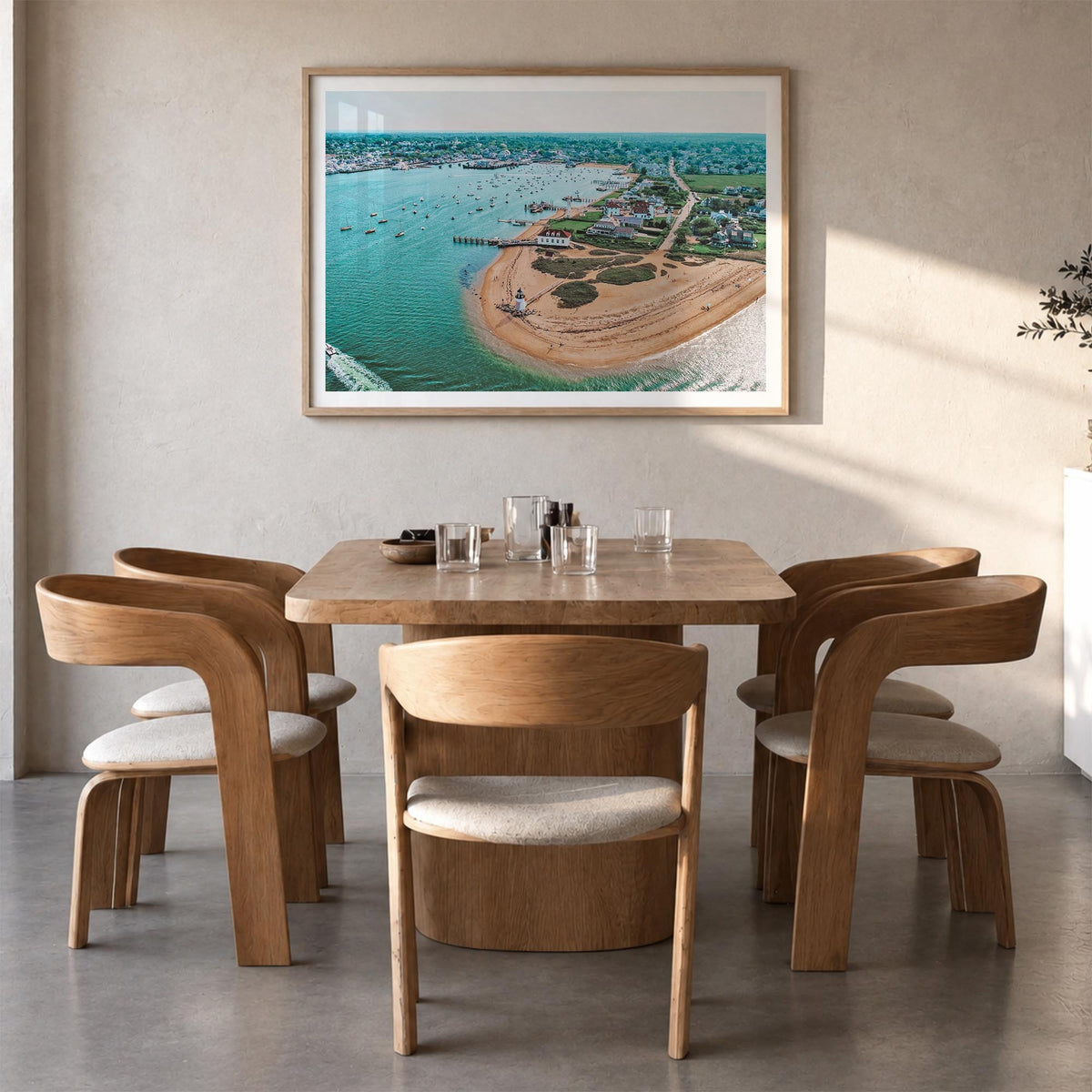 Nantucket colorful photo poster of Massachusetts, USA – horizontal wall art in natural wood frame with white border, hanging 