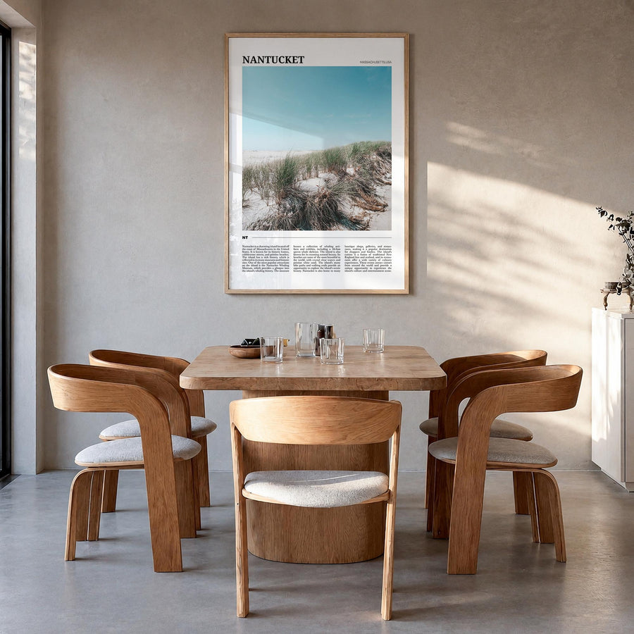 Nantucket colorful travel poster of Massachusetts, USA – vertical wall art in natural wood frame, hanging on wall