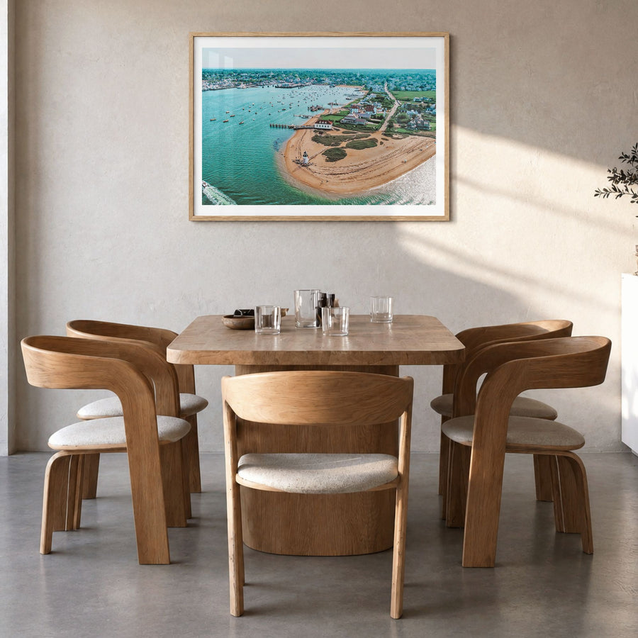 Nantucket Photo Poster in a natural wood frame, hanging in a dining room, white border